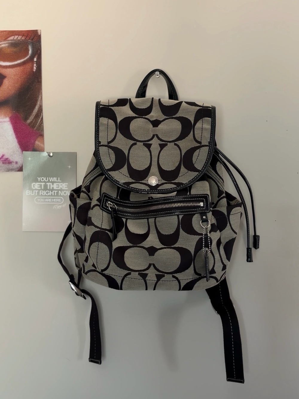 Coach Kyra Signature Jacquard Backpack Gray Black Monogram Leather